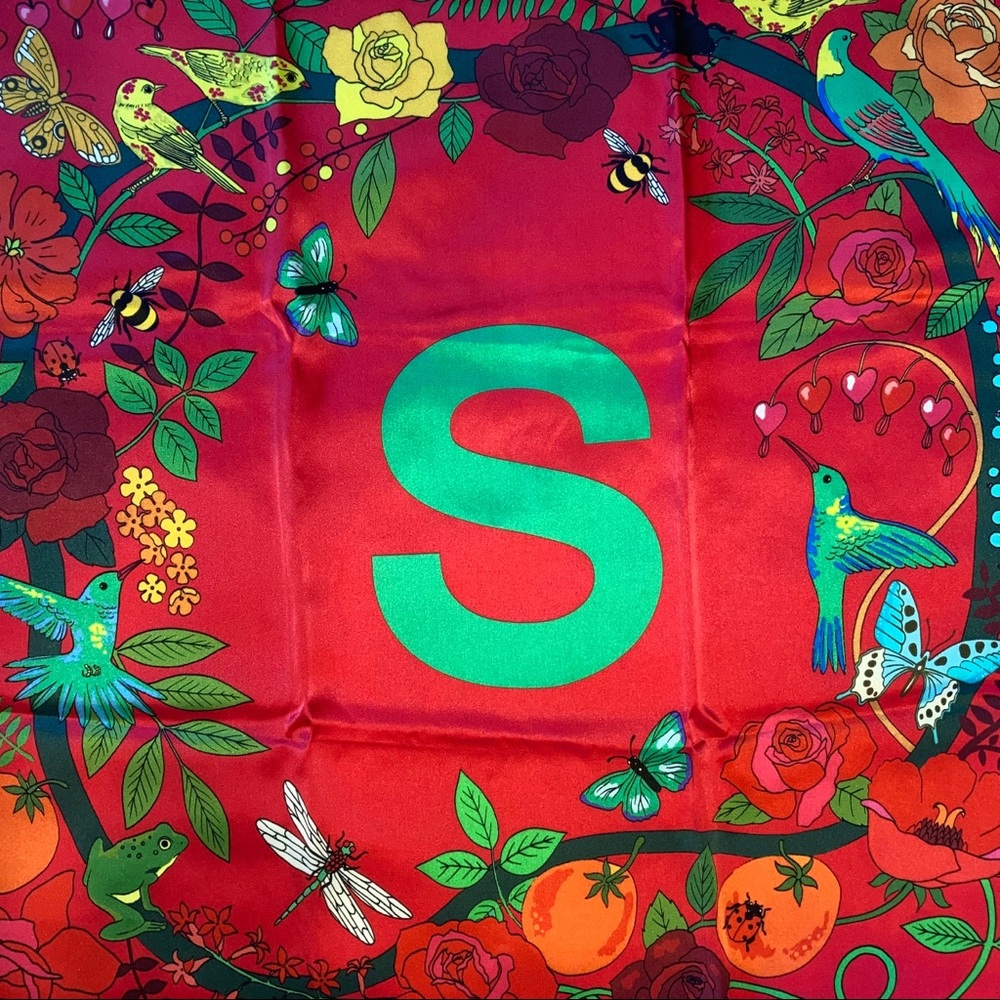 Red Silk “S” Scarf w/Botanicals + Insects/Animals